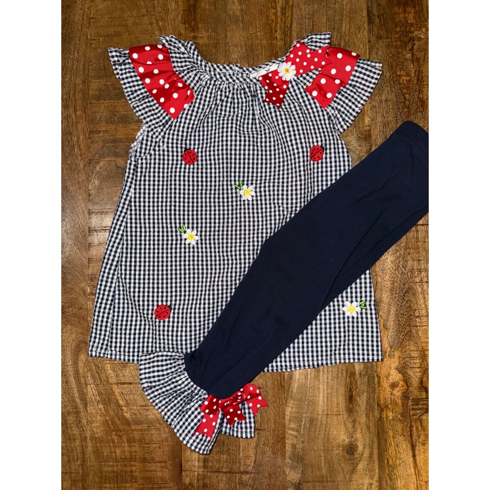 Rare Editions Girls 4T Gingham Ladybug Tunic and Leggings Set Navy Red